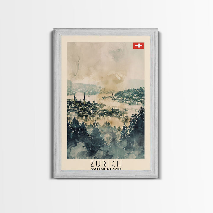 Zurich Switzerland Travel Poster Framed Canvas Print, Watercolor Painting, Urban Wall Art, Home Decor, Swiss Cityscape, Elegant Gift