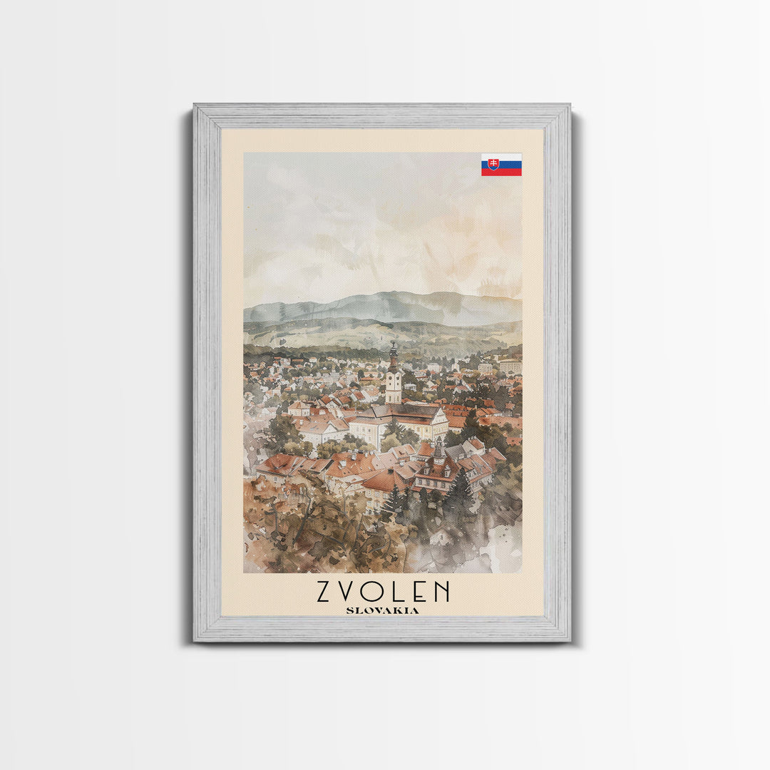 Zvolen Slovakia Travel Poster Framed Canvas Print, Watercolor Painting, Scenic Wall Art, Home Decor, Slovakian Landscape, Artistic Gift