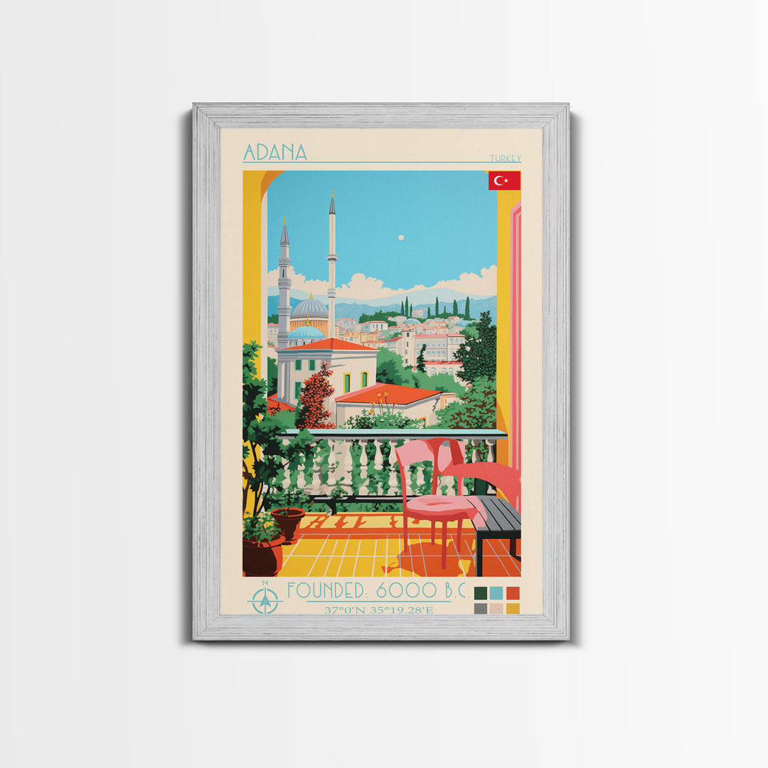 Adana Turkey Travel Poster Framed Canvas Print, Midcentury Modern Art, Pop Art Decor, Scenic View Wall Art, Vacation Gift, Home Decoration, Living Room Print