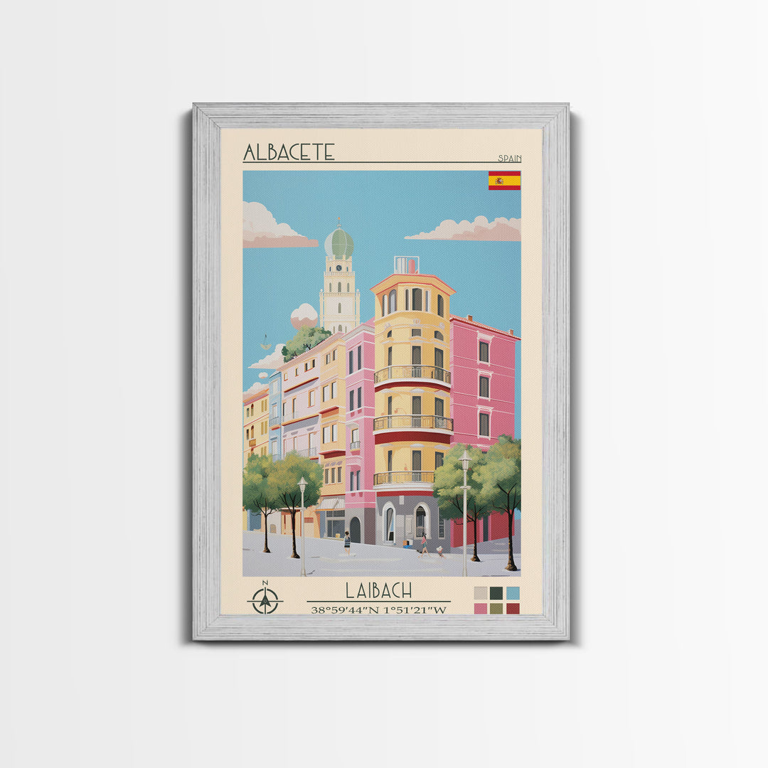 Albacete Spain Travel Poster Framed Canvas Print, Midcentury Modern Art, Pop Art Decor, Scenic View Wall Art, Vacation Gift, Home Decoration, Living Room Print