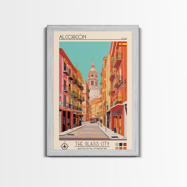 Alcorcón Spain Travel Poster Framed Canvas Print, Midcentury Modern Art, Pop Art Decor, Wall Art, Vacation Gift, Living Room Decoration, Scenic Print