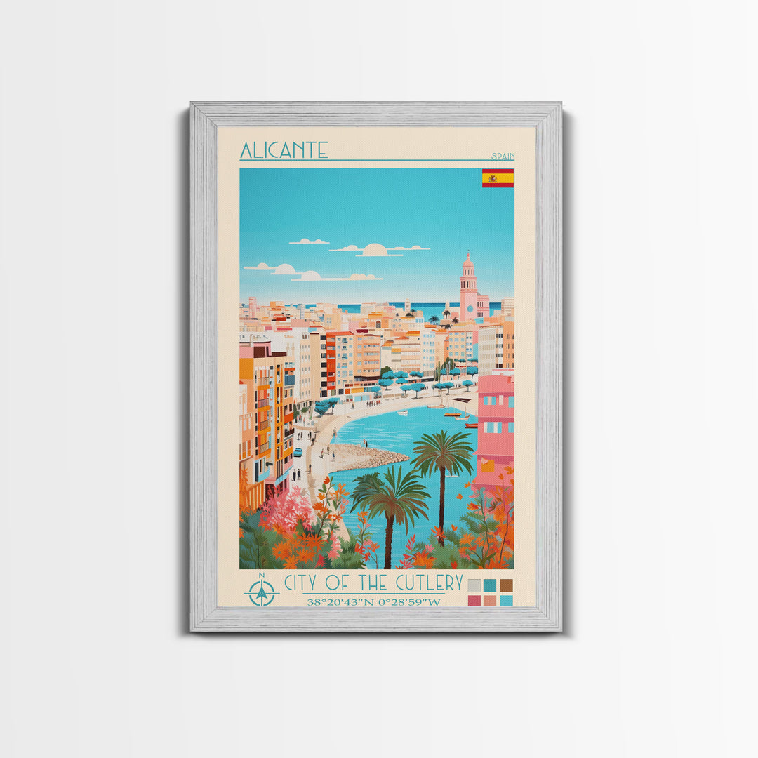 Alicante Spain Travel Poster Framed Canvas Print, Midcentury Modern Art, Pop Art Decor, Wall Art, Vacation Gift, Living Room Decoration, Scenic Print