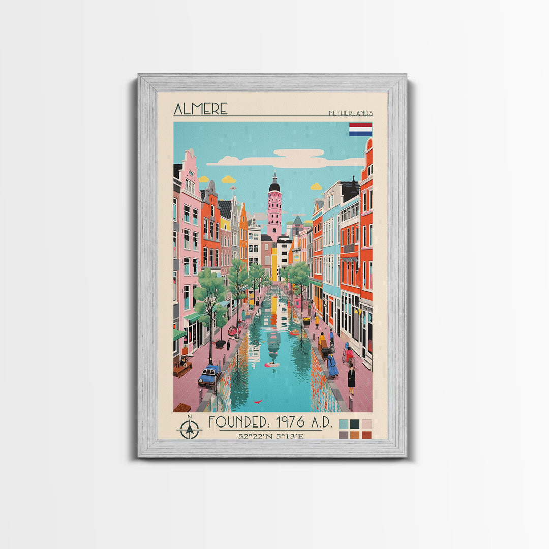 Almere Netherlands Travel Poster Framed Canvas Print, Midcentury Modern Art, Pop Art Decor, Wall Art, Vacation Gift, Living Room Decoration, Scenic Print