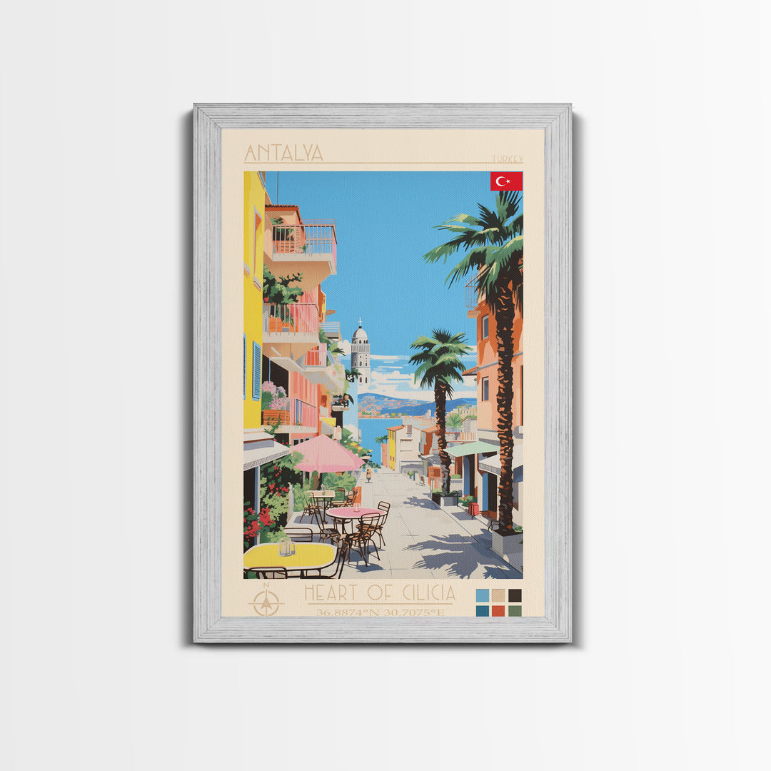 Antalya Turkey Travel Poster Framed Canvas Print, Midcentury Modern Art, Pop Art Wall Decor, Home Decor, Vacation Gift, Living Room Art