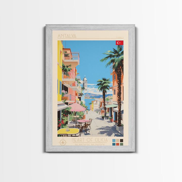 Antalya Turkey Travel Poster Framed Canvas Print, Midcentury Modern Art, Pop Art Wall Decor, Home Decor, Vacation Gift, Living Room Art