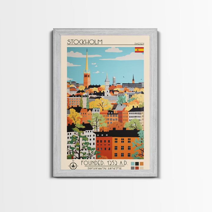 Stockholm Sweden Travel Poster Framed Canvas Print, Midcentury Modern Art, Pop Art Wall Decor, Living Room Art, Scenic Wall Art