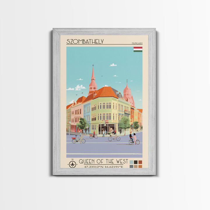 Szombathely Hungary Travel Poster Framed Canvas Print, Midcentury Modern Art, Pop Art Wall Decor, Living Room Art, Scenic Wall Art