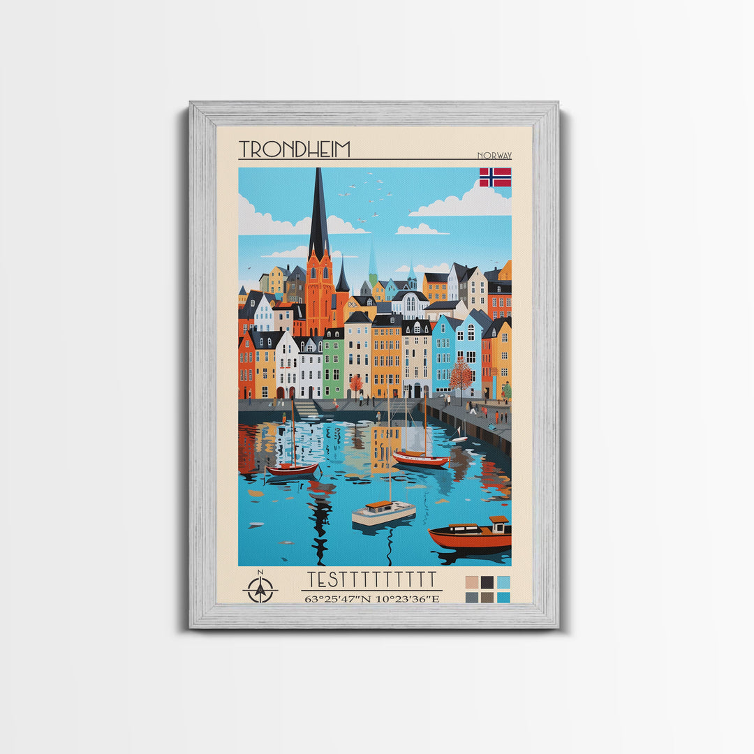 Trondheim Norway Travel Poster Framed Canvas Print, Midcentury Modern Art, Pop Art Wall Decor, Living Room Art, Home Decoration