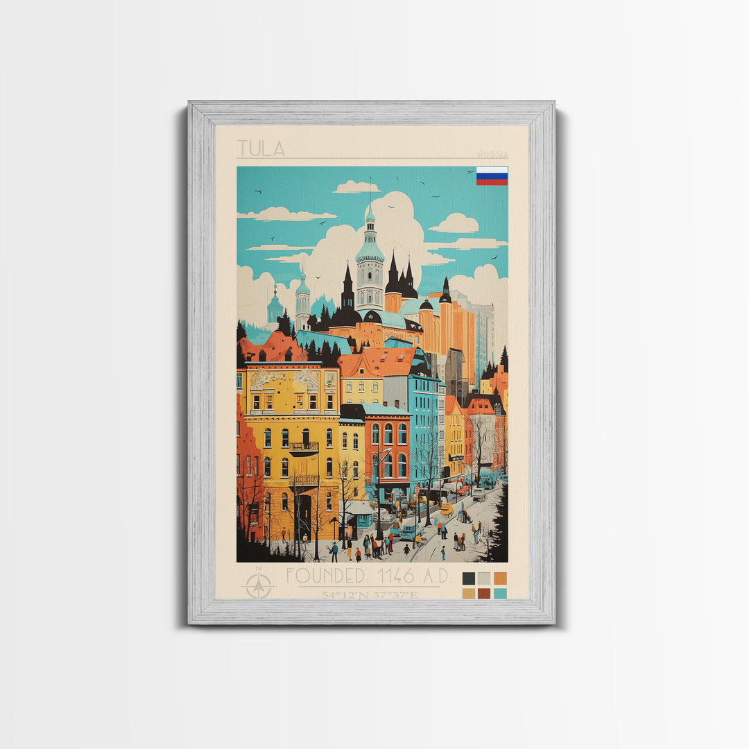 Tula Russia Travel Poster Framed Canvas Print, Midcentury Modern Art, Pop Art Wall Decor, Living Room Art, Vacation Gift