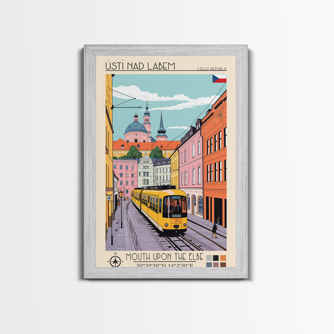 Ústí nad Labem Czech Republic Travel Poster Framed Canvas Print, Midcentury Modern Art, Pop Art Wall Decor, Living Room Art