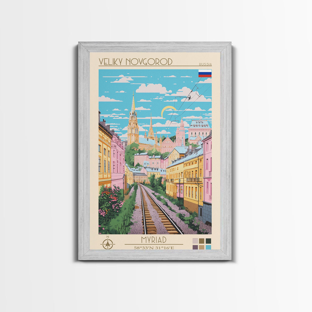 Veliky Novgorod Russia Travel Poster Framed Canvas Print, Midcentury Modern Art, Pop Art Wall Decor, Living Room Art, Scenic Wall Art