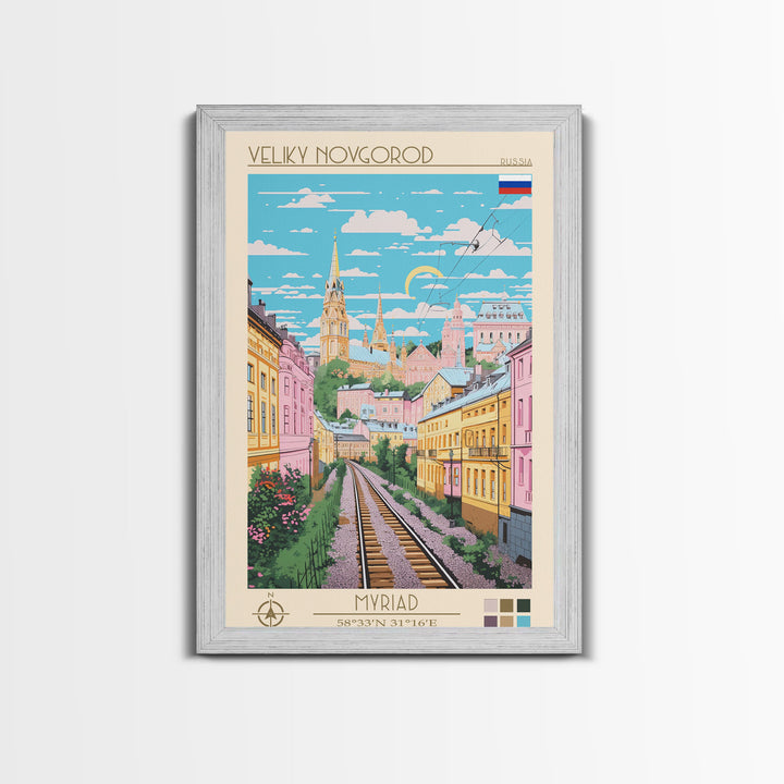 Veliky Novgorod Russia Travel Poster Framed Canvas Print, Midcentury Modern Art, Pop Art Wall Decor, Living Room Art, Scenic Wall Art