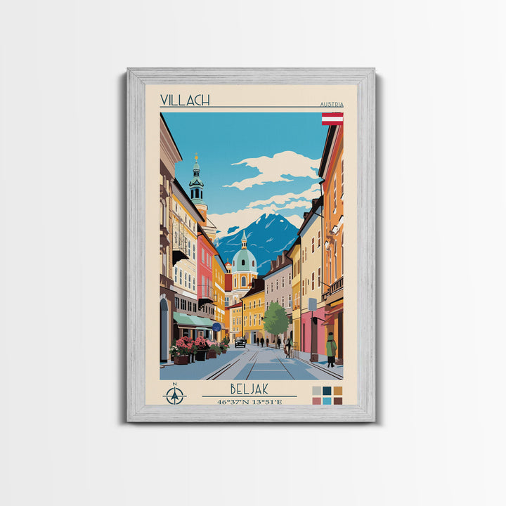 Villach Austria Travel Poster Framed Canvas Print, Midcentury Modern Art, Pop Art Wall Decor, Living Room Art, Scenic Wall Art