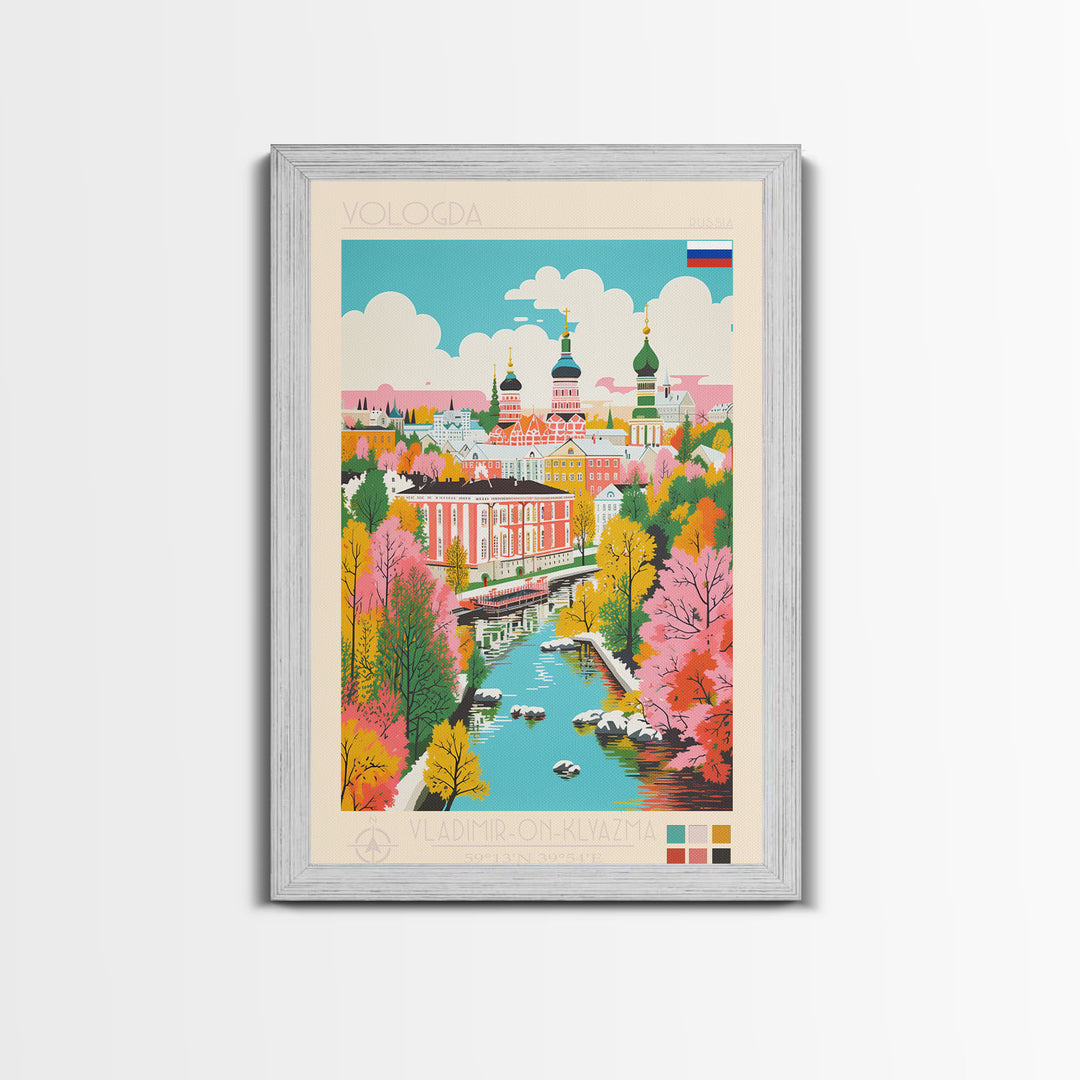 Vologda Russia Travel Poster Framed Canvas Print, Midcentury Modern Art, Pop Art Wall Decor, Living Room Art, Home Decoration