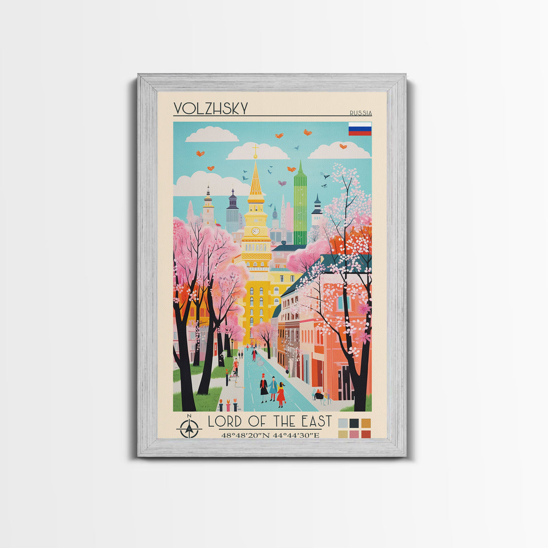 Volzhsky Russia Travel Poster Framed Canvas Print, Midcentury Modern Art, Pop Art Wall Decor, Living Room Art, Home Decoration