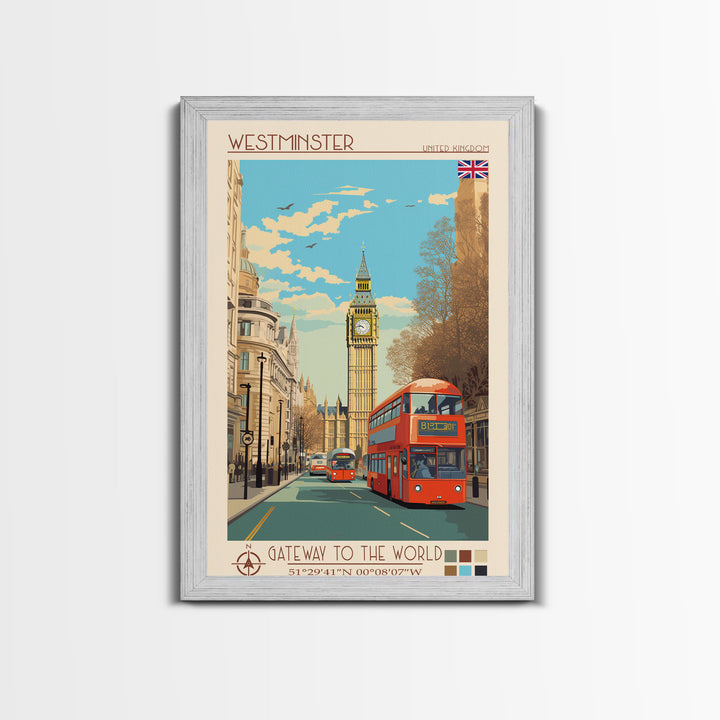 Westminster United Kingdom Travel Poster Framed Canvas Print, Midcentury Modern Art, Pop Art Wall Decor, Living Room Art, Home Decoration