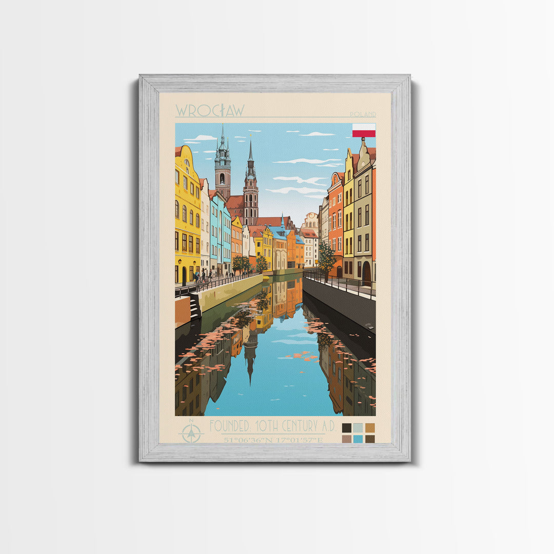 Wrocław Poland Travel Poster Framed Canvas Print, Midcentury Modern Art, Pop Art Wall Decor, Living Room Art, Scenic Wall Art