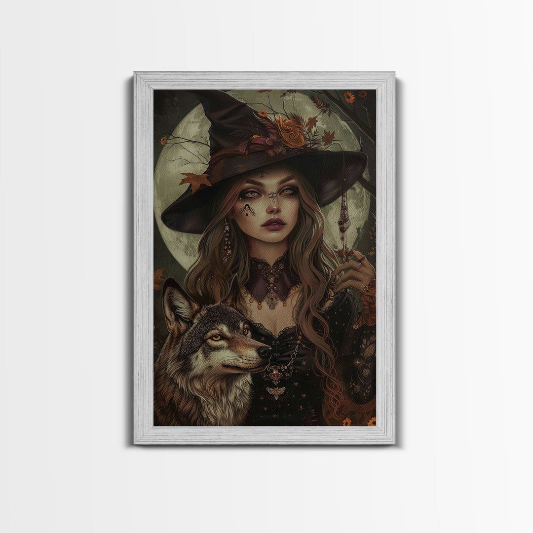 The Witch And The Wolf, Spooky Halloween Wall Art Framed Canvas Print, Spooky Season, Witch Painting, Halloween Decor and Art, Seasonal