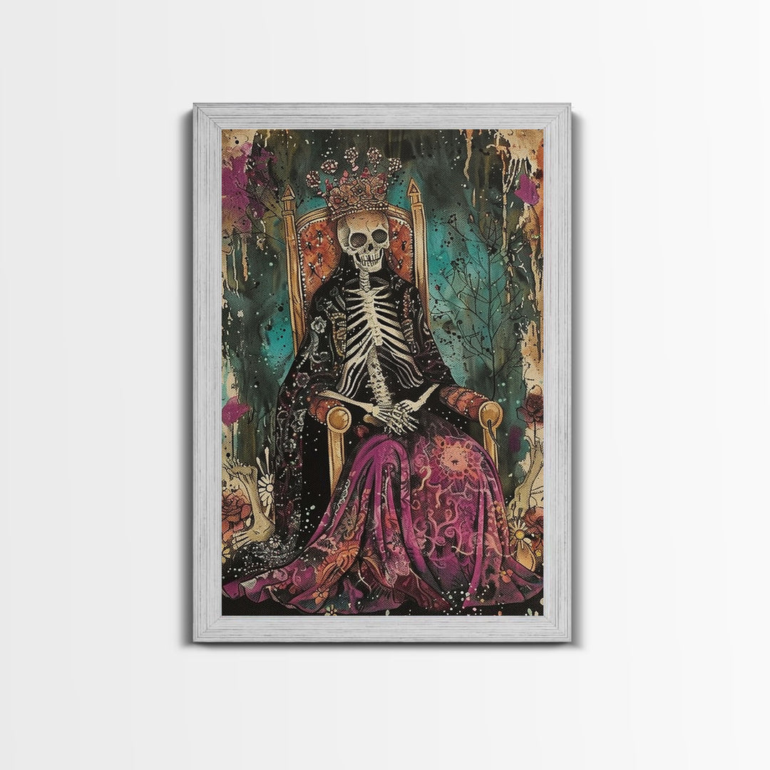 Skeleton King in Regal Throne Framed Canvas Print, Royalty Decor, Halloween Skeleton Art, Haunted Mansion Wall Art, Gothic Skeleton Print