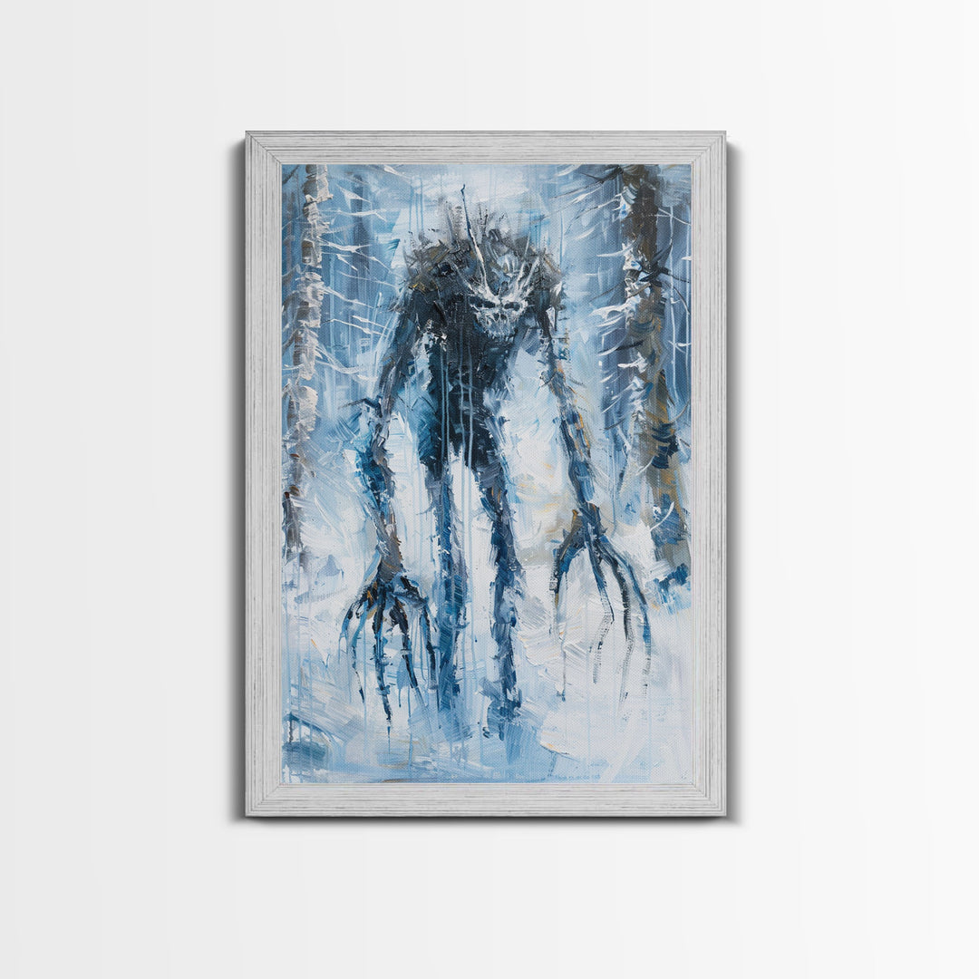 Wendigo in Winter Woods Framed Canvas Print, Eerie Winter Monster Decor, Halloween Creature Art Haunted Forest Wall Art Spooky Monster Print