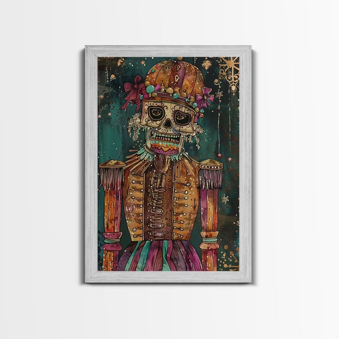 Skeleton Nutcracker in Festive Attire Framed Canvas Print, Halloween Nutcracker Decor, Spooky Art, Haunted Toy Wall Art, Nutcracker Print