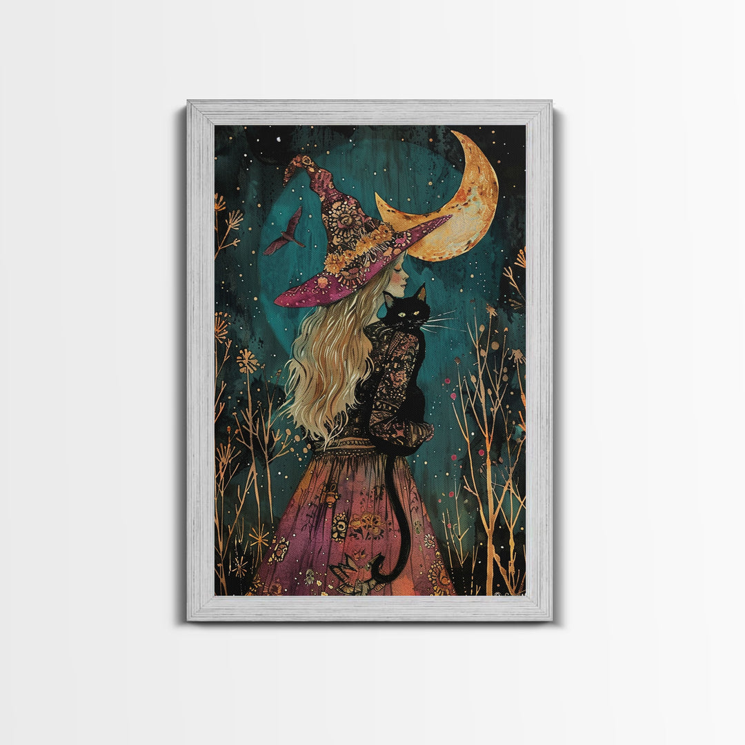 The Witch And The Black Cat Framed Canvas Print, Cottage Core Witchy Art, Halloween Trinket, Halloween Wall Art, Spooky Wall Art, Home Decor