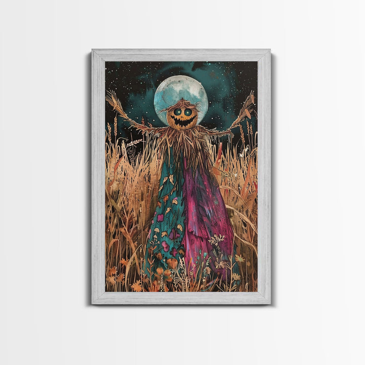 Spooky Scarecrow in Field Framed Canvas Print, Haunted Field Decor, Halloween Scarecrow Art, Eerie Harvest Wall Art, Creepy Scarecrow Print