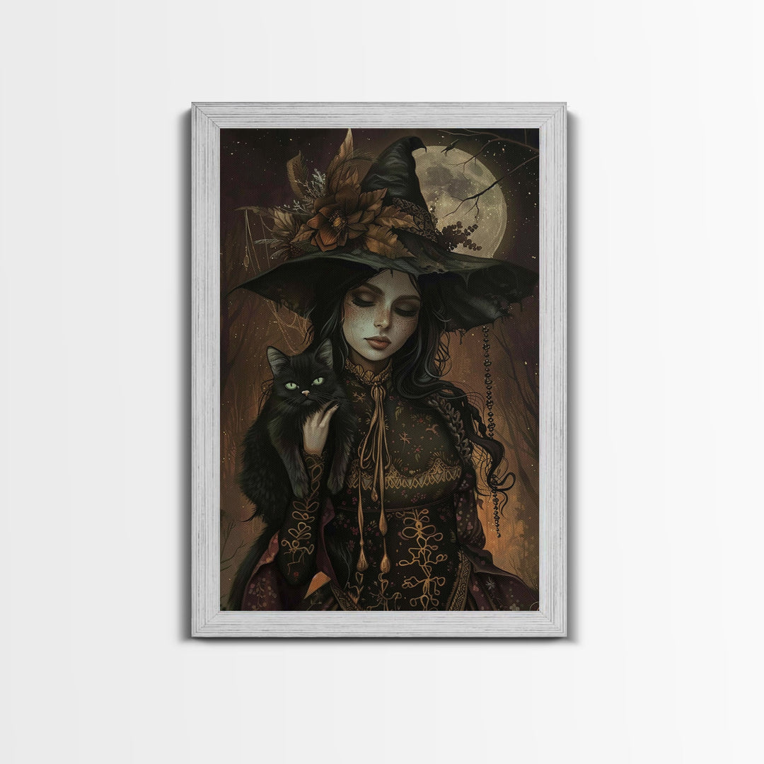 The Witch and The Black Cat Framed Canvas Art, Spooky Victorian Witch Art, Spooky Season, Halloween Props, Halloween Accessories Art