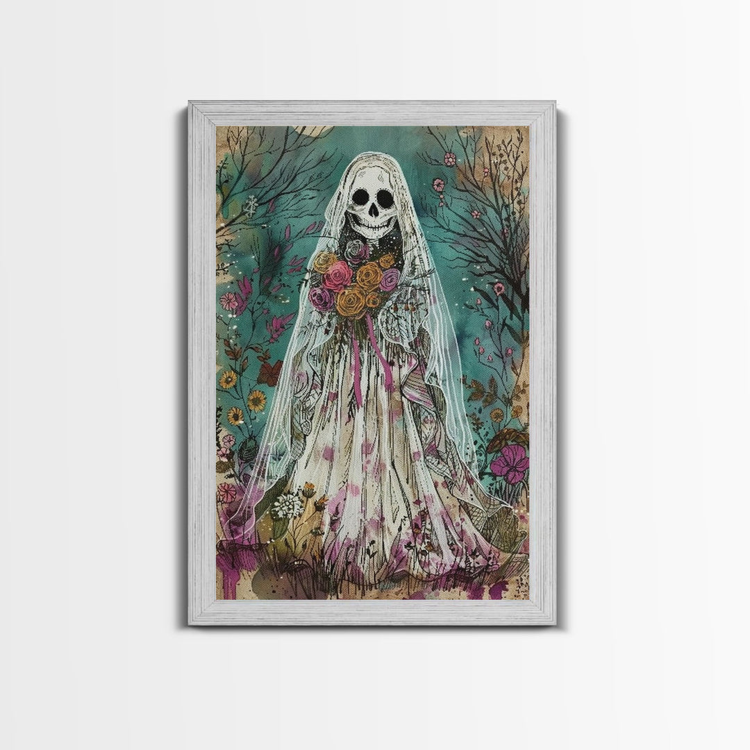 The Ghostly Bride, Cottage Core Ghost Decor, Cottagecore Halloween Art Framed Canvas Print, Unique Wall Art, Spooky Season Decor