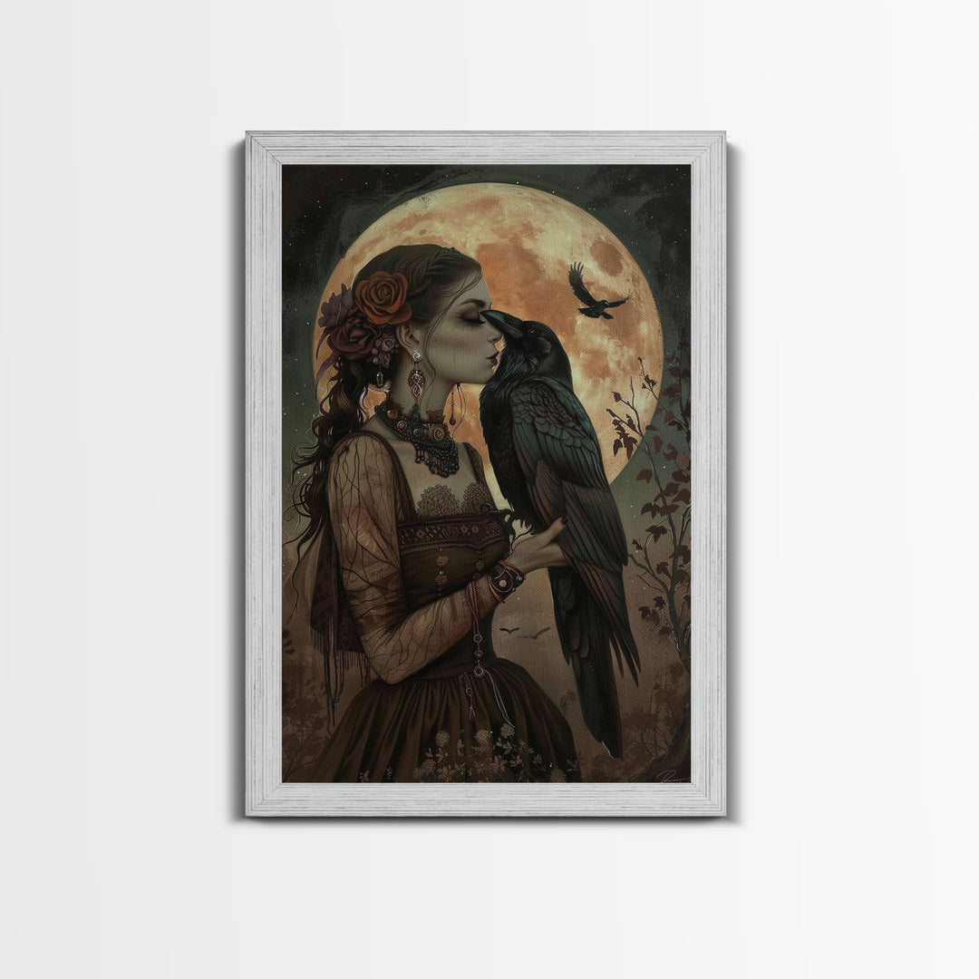 The Witch And The Raven, Framed Canvas Print, Raven Familiar, Victorian Witch Painting, Halloween Decor, Halloween Trinket, Spooky Wall Art