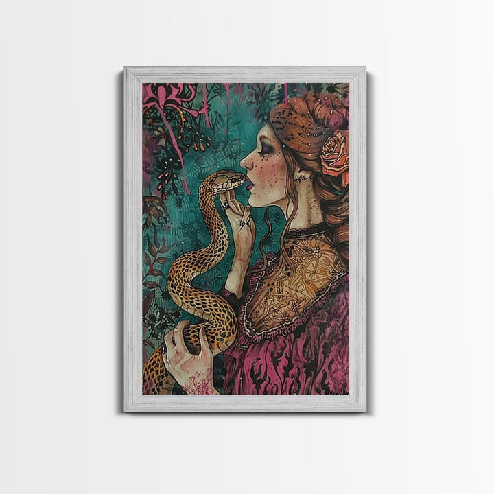 The Witch And The Snake, Framed Canvas Print, Halloween Decor, Halloween Art, Spooky Season, Halloween Gift Idea For Her, Witchy Art