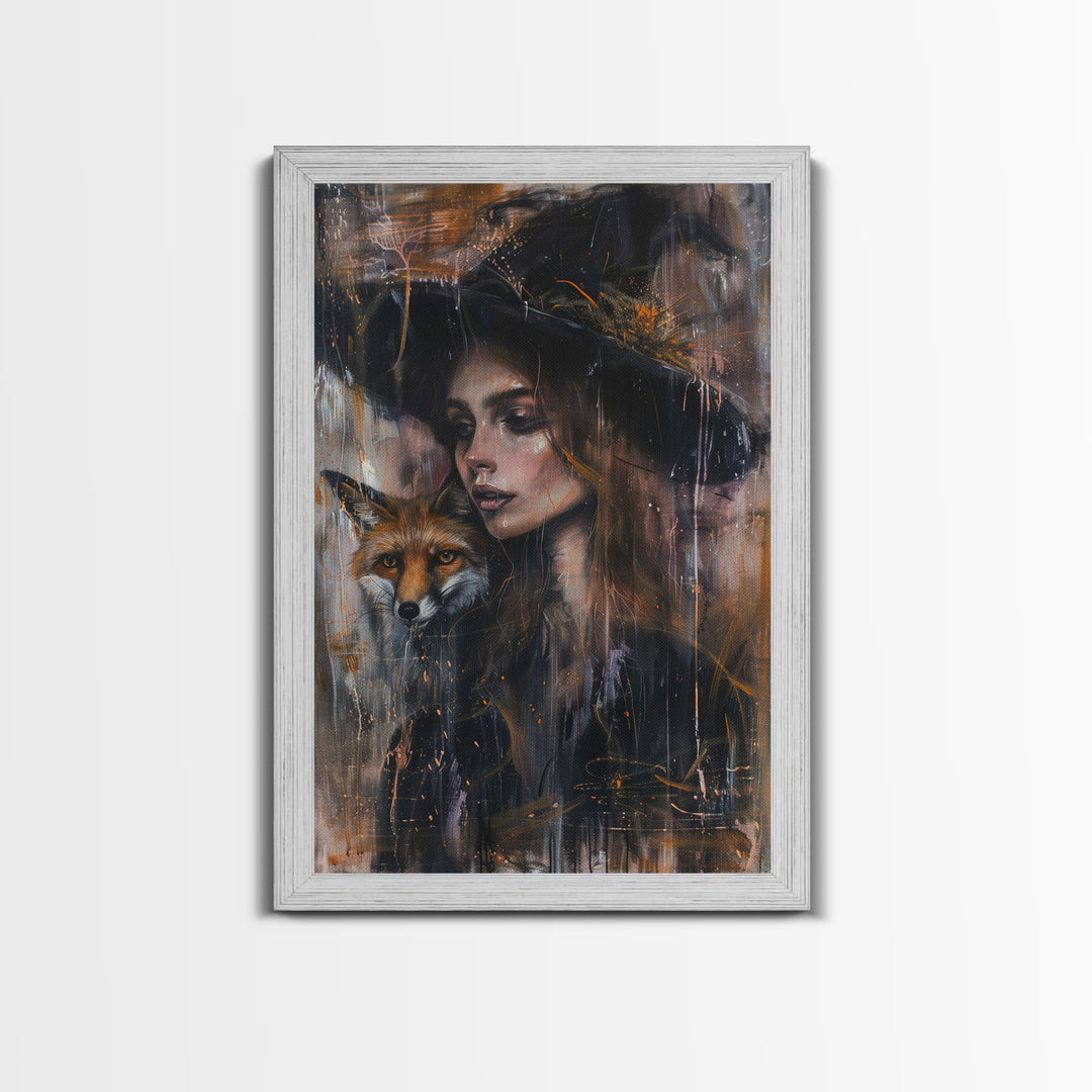 The Witch And Her Fox Familiar Framed Canvas Print | Halloween Unique Decor / Gift Idea | Witch Art | Witch Hat | Framed Canvas