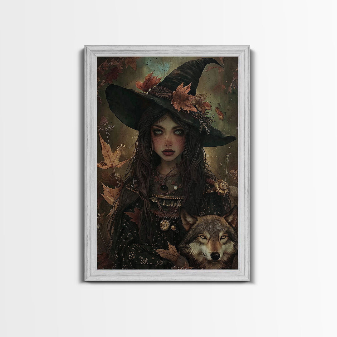 The Witch And The Wolf Framed Canvas Print, Spooky Halloween Wall Art, Halloween Prop, Halloween Products, Canvas Art, Home Decor