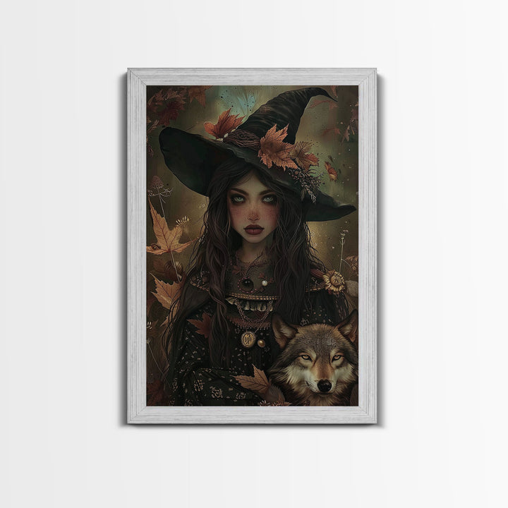 The Witch And The Wolf Framed Canvas Print, Spooky Halloween Wall Art, Halloween Prop, Halloween Products, Canvas Art, Home Decor