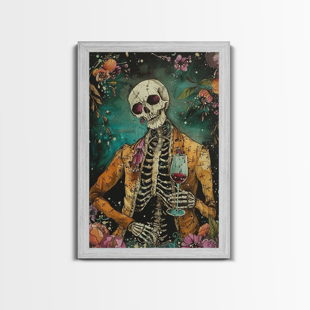 Skeleton Gentleman with Wine Glass Framed Canvas Print, Halloween Art, Creepy Wall Art, Spooky Home Decor, Scary Art, Unique Wall Decor