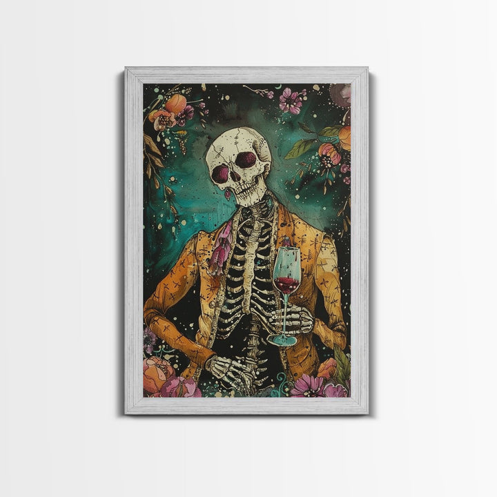 Skeleton Gentleman with Wine Glass Framed Canvas Print, Halloween Art, Creepy Wall Art, Spooky Home Decor, Scary Art, Unique Wall Decor