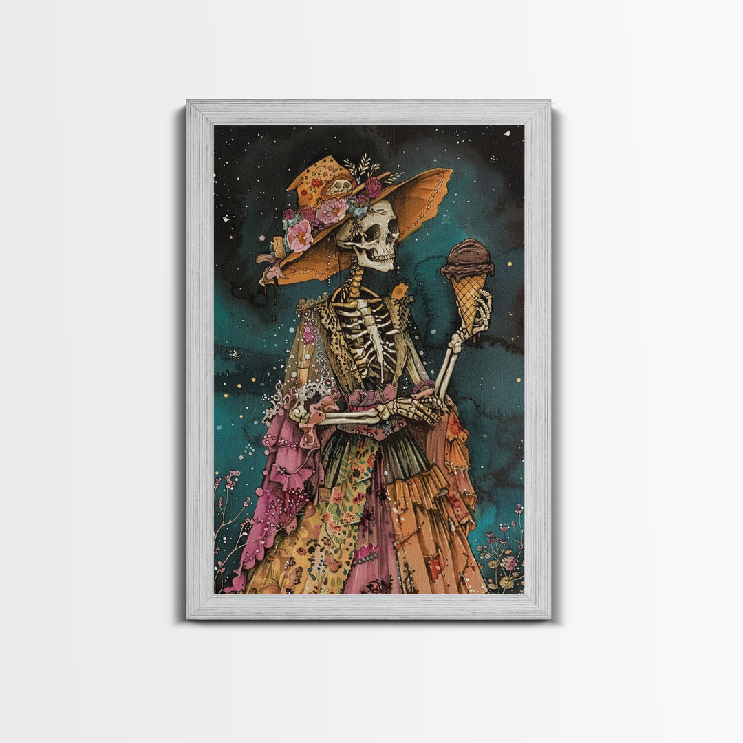 Skeleton in a Colorful Dress with Ice Cream - Day of the Dead Art - Halloween Skeleton Print Vibrant Skeleton Decor - Dia de los Muertos Art