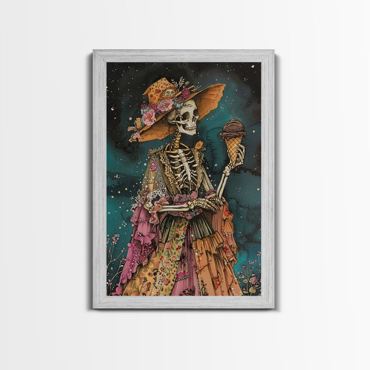 Skeleton in a Colorful Dress with Ice Cream - Day of the Dead Art - Halloween Skeleton Print Vibrant Skeleton Decor - Dia de los Muertos Art