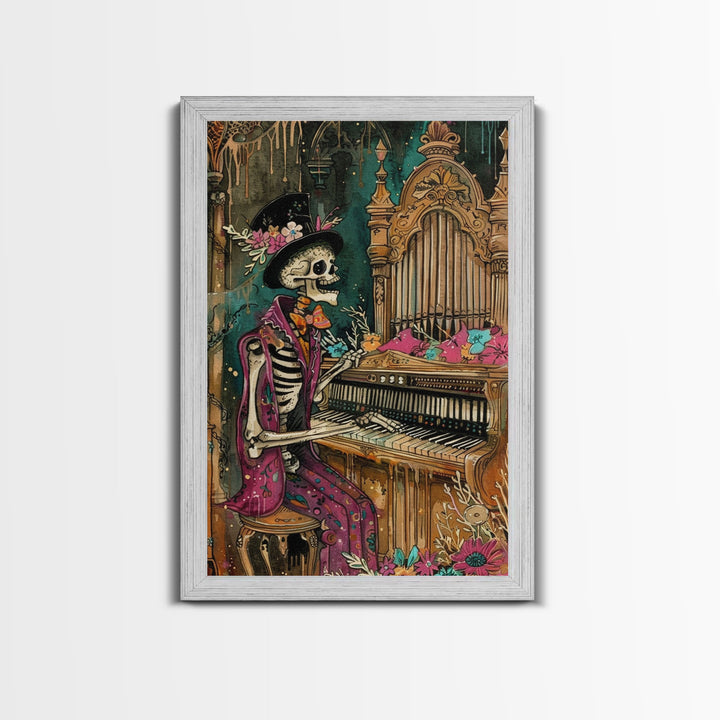 Skeleton Playing Organ in Gothic Church - Day of the Dead Skeleton Musician - Gothic Halloween Art - Skeleton Decor for Halloween