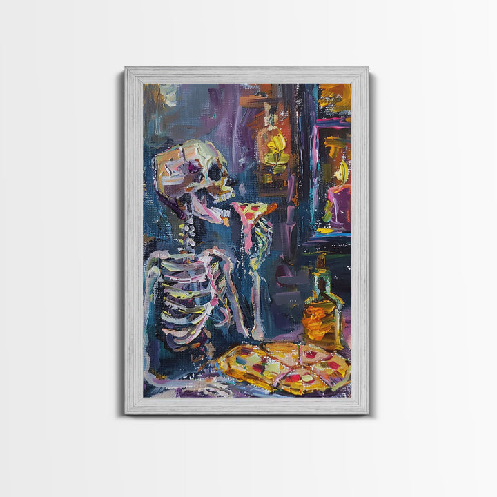 The Hungry Skeleton Chomps a Pizza, Funny Halloween Art, Framed Canvas, Halloween Poster