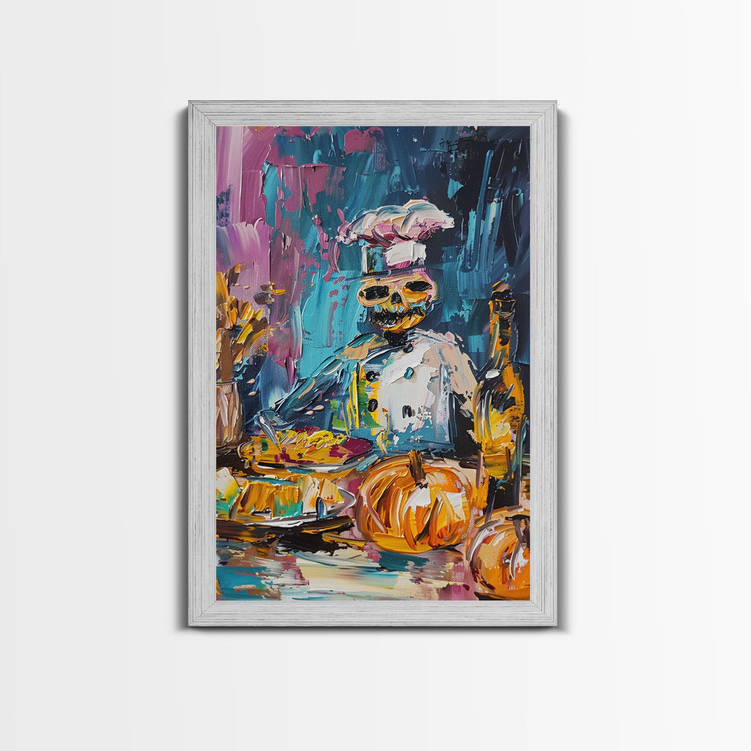 Skeleton Chef Cooking in a Colorful Kitchen - Halloween Skeleton Art - Fun Chef Skeleton Print - Spooky Cooking Skeleton Decor