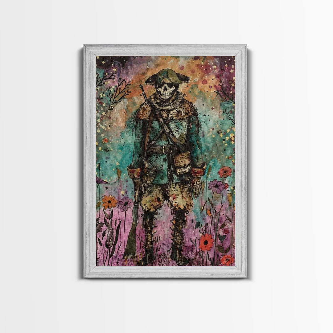 Skeleton Soldier Stands Amid Colorful Blooms, Blending Historical Charm and Spooky Halloween Style for Unique Wall Art