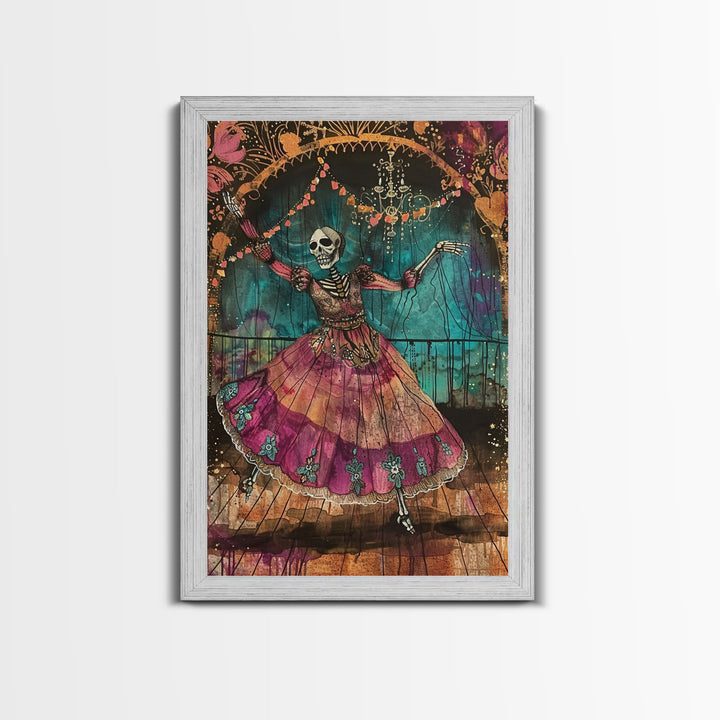 Skeleton Dancer in a Vibrant Dress Celebrates Halloween, Bringing Spooky Charm to Your Halloween Wall Art Collection