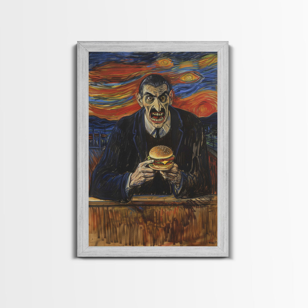 Spooky Artwork of a Man Eating a Hamburger, Inspired by the Scream, Ideal for Adding a Touch of Horror and Humor to Halloween Decor