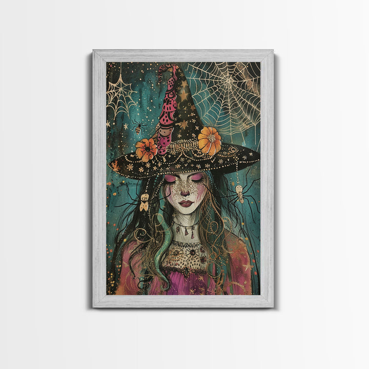 Spooky Halloween Witch Wall Art, Framed Canvas Prince, Halloween Decor, Halloween Gift Spooky Season, Cottage Core Witch and Spider Familiar