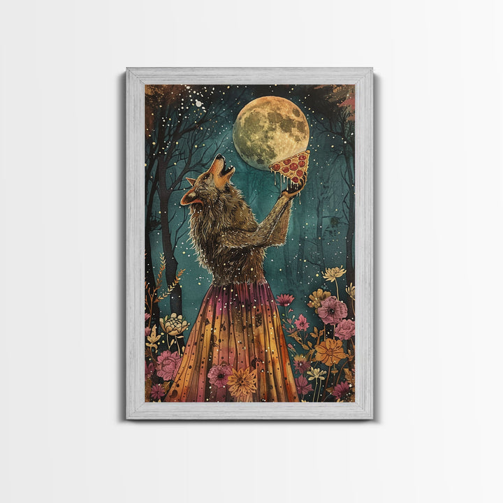 That's A Howlin' Good Pizza, Werewolf Eatin a Pizza and Howlin at The Moon, Framed Canvas Print, Funny Halloween Art