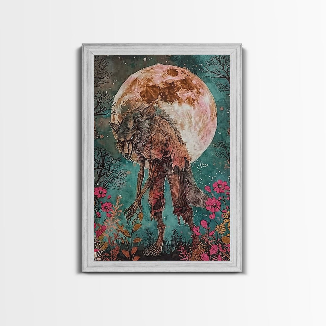 Werewolf Among Flowers and Full Moon Framed Canvas Print | Halloween Monster Art | Spooky Werewolf Decor for Home | Floral and Moon Artwork