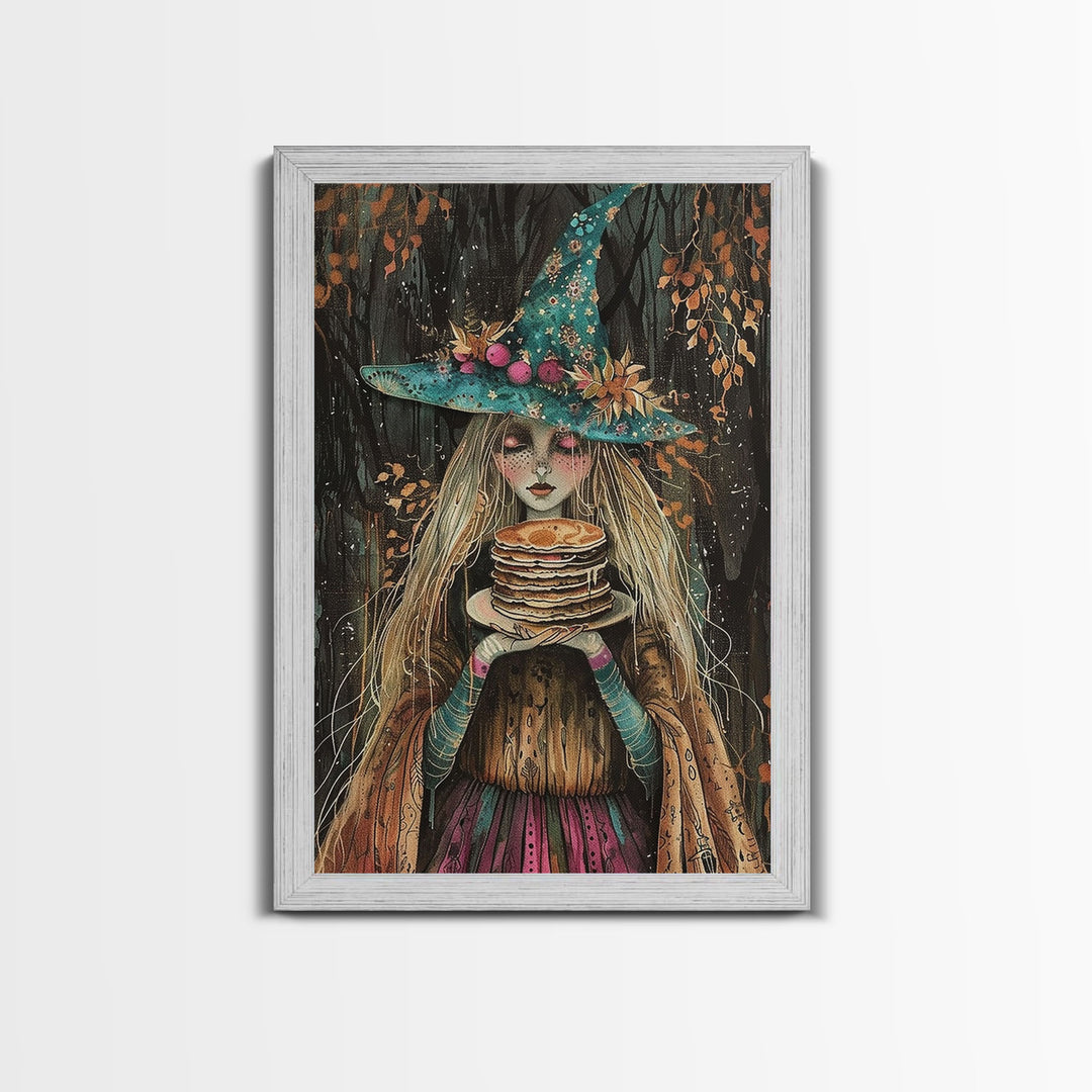 The Witch and Her Pancakes, Breakfast Witch, Framed Canvas Print, Funny Halloween Art