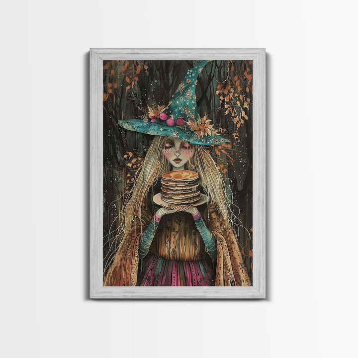 The Witch and Her Pancakes, Breakfast Witch, Framed Canvas Print, Funny Halloween Art