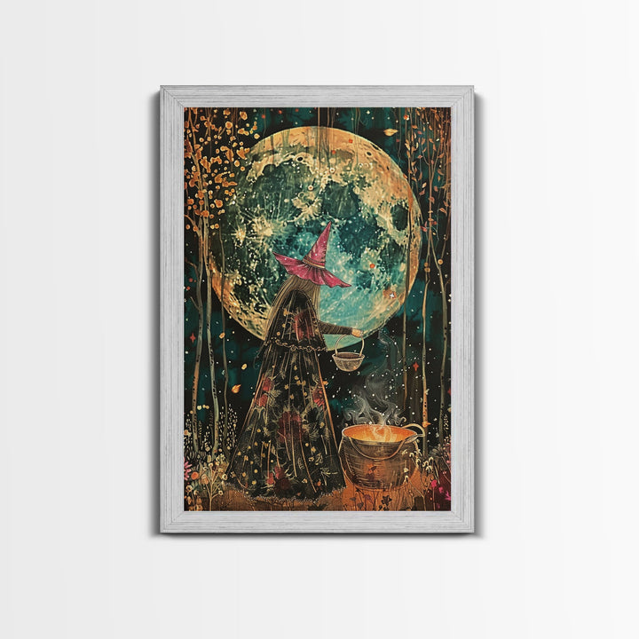 Witch Preparing Spell Under Full Moon Framed Canvas Print | Halloween Witch Art | Enchanted Witch Decor for Home | Halloween Artwork